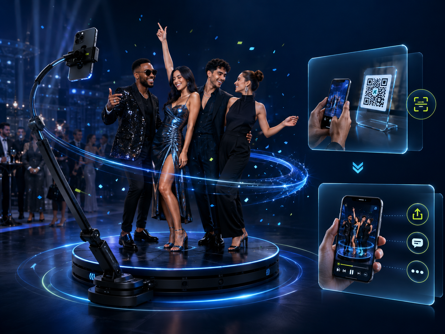 Lini360 video booth platform with 360 camera arm, cinematic effects and mobile sharing