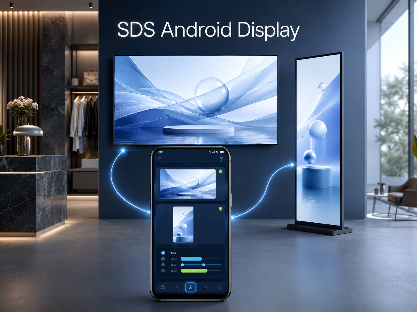 SDS Android Display software showing advertising on landscape and portrait Android TV screens